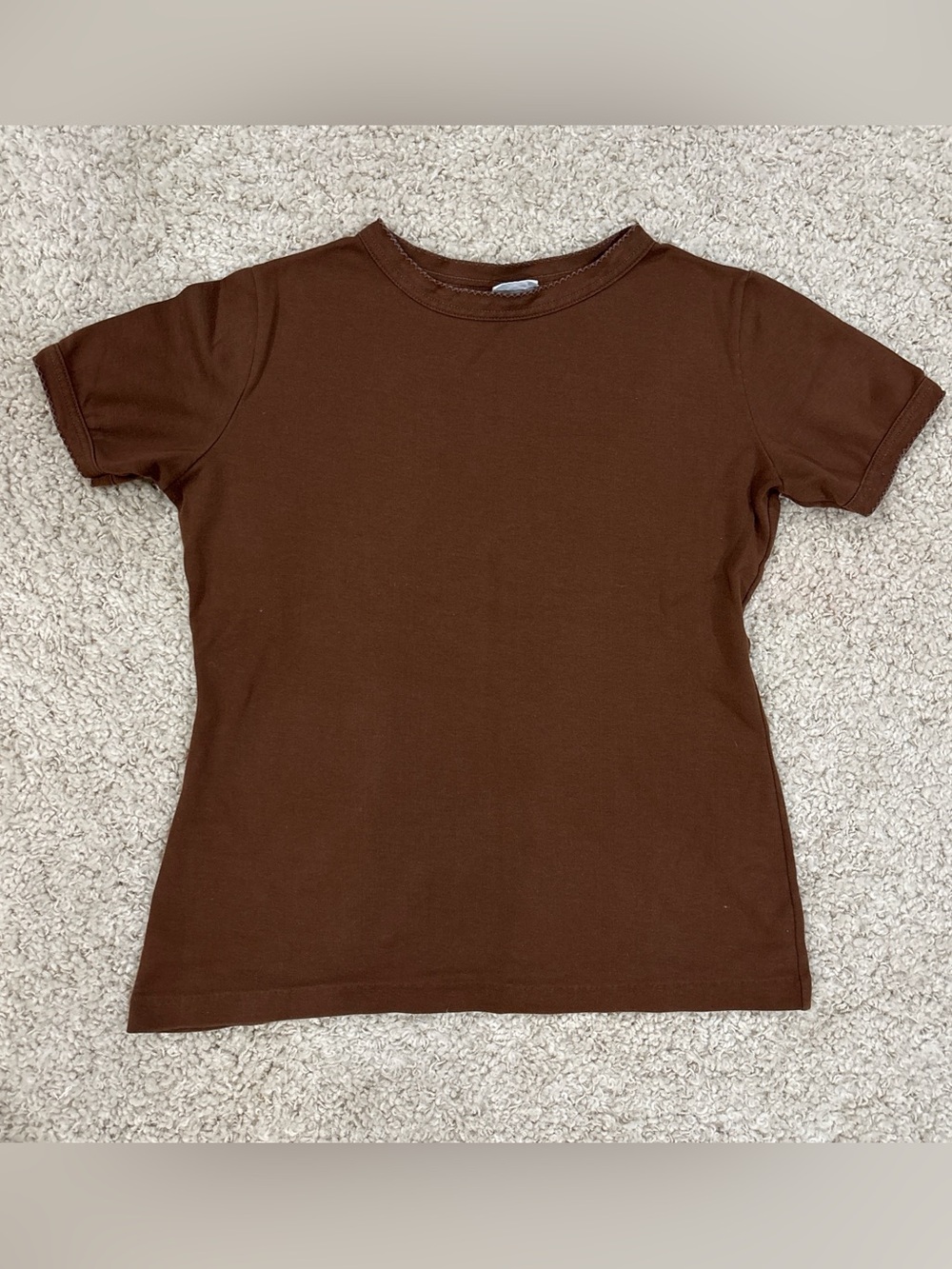 The Seventh I Women's Lettuce Trim Basic Brown Fitted Baby Tee Size Medium